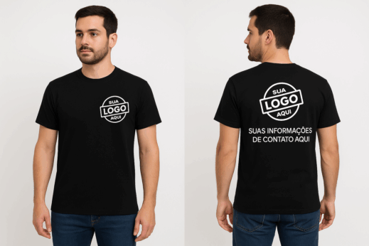 Camiseta de Algodão preta personalizada com sua logo, arte ou ideia - FRENTE E VERSO DTF TAMANHO A4 - Imagem 3