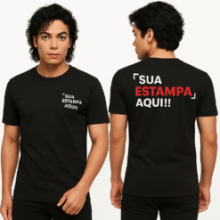Camiseta de Algodão preta personalizada com sua logo, arte ou ideia - FRENTE E VERSO DTF TAMANHO A4