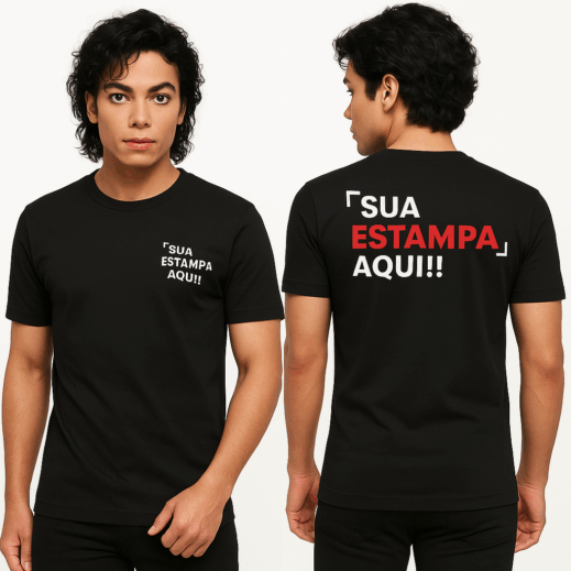 Camiseta de Algodão preta personalizada com sua logo, arte ou ideia - FRENTE E VERSO DTF TAMANHO A4